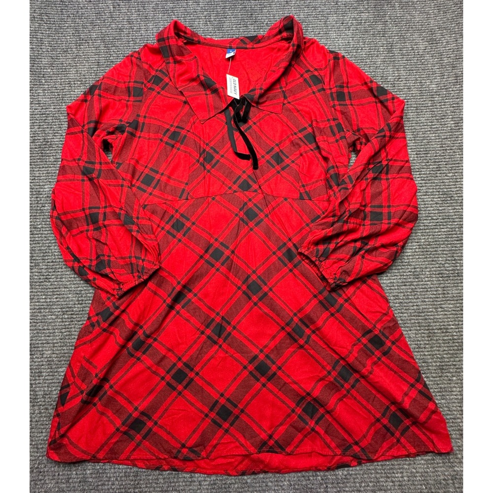 Old Navy Dress Women XL Red Plaid Tie Neck Long Sleeve Rayon Mini